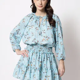 SiaVira Blue Floral Tie-Up Neck Blouson Dress-image-60
