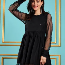 SASSAFRAS Black Embellished Detailed Gathered Detailed Fit & Flare Mini Dress-image-53