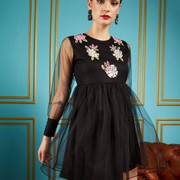 SASSAFRAS Black Floral Embellished Detailed Gathered Detailed Net Fit & Flare Mini Dress-image-11