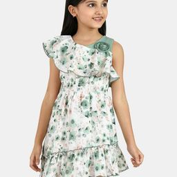 Peppermint Girls Green & White Floral Cotton A-Line Dress-image-69