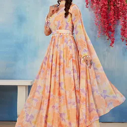 ODD BY chansi TRENDZ Printed Georgette Ethnic Gown with Dupatta & Belt image 3