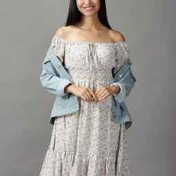 SHOWOFF White & Coral Floral Off-Shoulder Dress-image-19