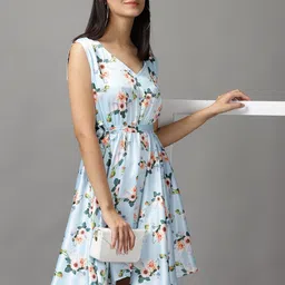 SHOWOFF Women Blue & Peach-Coloured Floral Satin Dress-image-60