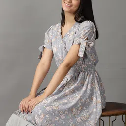 SHOWOFF Grey & Brown Floral Smocked Midi Dress-46