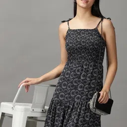 SHOWOFF Women Black & White Floral Smocked Midi Dress-19
