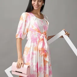 SHOWOFF Women White & Pink Tie and Dye Cotton Maxi Dress-44