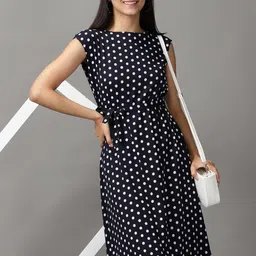 SHOWOFF Women Navy Blue & White Chiffon Midi Polka Dots Dress-image-15