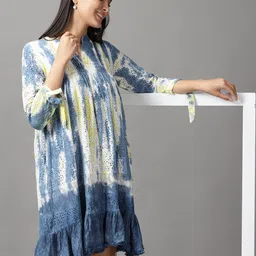 SHOWOFF Women White & Blue Tie and Dye A-Line Cotton Dress-picture-35