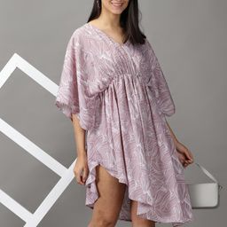 SHOWOFF Women Mauve & White Chiffon A-Line Dress-44