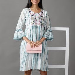 SHOWOFF Women White & Sea Green Tie and Dye A-Line Cotton Dress-image-5