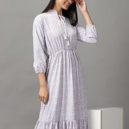 SHOWOFF Women White & Purple Floral Tie-Up Neck Midi Dress-image-69