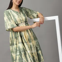 SHOWOFF Women Olive Green & Yellow Tie and Dye Dyed Dress-image-7