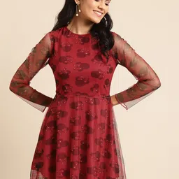 DODO & MOA Women Red Net Printed A-Line Dress-image-15