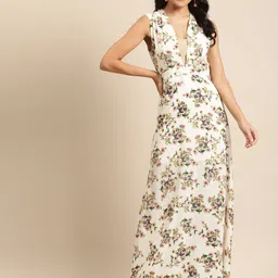 DODO & MOA Women Off-White & Green Floral Printed Maxi Dress-picture-33