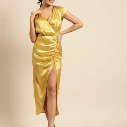 DODO & MOA Women Yellow Solid Satin Sheen Sheath Dress With Ruched Effect-picture-51