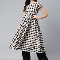 MBE Women Black & White Checked Pure Cotton Thread Work Anarkali Kurta-image-63