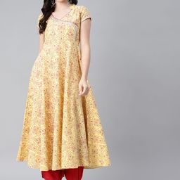 MBE Women Yellow & Red Printed Pure Cotton Gotta Patti Anarkali Kurta-image-7