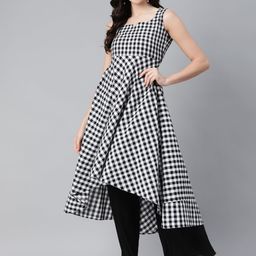 MBE Women Black & White Checked Pure Cotton Anarkali Kurta-image-62