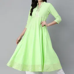 MBE Women Lime Green Gotta Patti Pure Cotton Pastels Anarkali Kurta-image-62