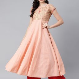 MBE Women Peach-Coloured & Red Floral Yoke Design Pure Cotton Pastels Anarkali Kurta-picture-9