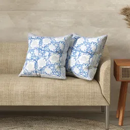 LIVING ROOTS Blue & White 2 Pieces Floral Cotton Square Cushion Covers-image-58