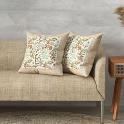 LIVING ROOTS White & Brown 2 Pieces Floral Printed Cotton Square Cushion Covers-image-49