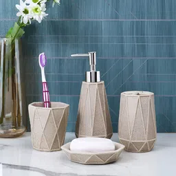 Aura Cream-Coloured 4 piece Geometric Resin Bath Accessories Set-image-95
