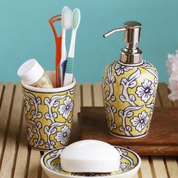 VarEesha Yellow & Blue Floral Printed Ceramic Bathroom Accessories Set-image-19