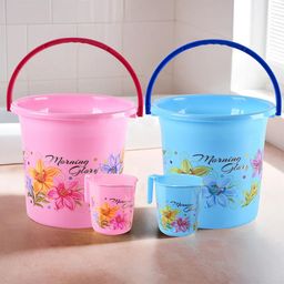 Kuber Industries Pink & Blue 4 piece Floral Plastic Bath Accessories Set-78
