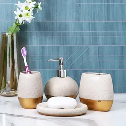 Aura Cream-Coloured & Gold-Toned 4 piece Solid Resin Bath Accessories Set-image-23