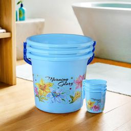 Kuber Industries Blue 6 piece Floral Plastic Bath Accessories Set-32