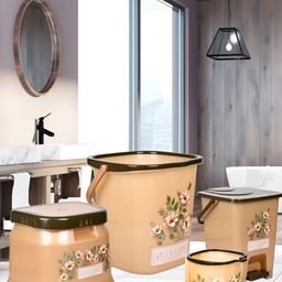 Kuber Industries Cream & Brown 5 Piece Abstract Printed Bath Accessories Set-53
