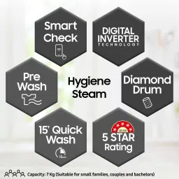 samsung 7 kg 5 star, Hygiene Steam with Inbuilt Heater, LED Display, Diamond Drum, Digital Inverter Fully Automatic Front Load Silver image 4