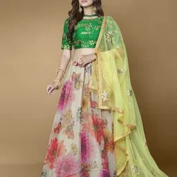 Fusionic Green & Pink Embroidered Semi-Stitched Lehenga & Unstitched Blouse With Dupatta-18