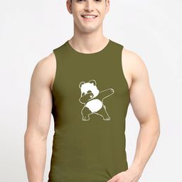 Friskers Men Olive Green Printed Pure Cotton Gym Vest-image-6
