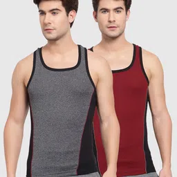 SPORTO Men Pack Of 2 Grey & Red Solid Pure Cotton Rib Innerwear Vest-15