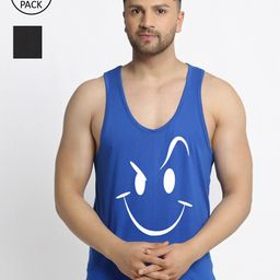 Friskers Men Pack Of 2 Blue & Black Stop never Smily Printed Cotton Innerwear Vests-image-77