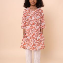 Sangria Kids-Girls Ethnic Motifs Printed Pure Cotton A-Line Kurta With Trouser Set-5
