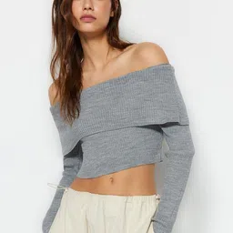 Trendyol Ribbed Off Shoulder Pure Acrylic Crop Pullover-10
