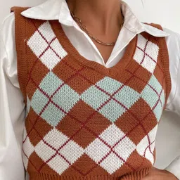 StyleCast Brown Checked Crop Sweater Vest-image-84