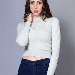 BROOWL Ribbed Woollen High Neck Crop Pullover-4