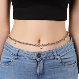 KARATCART Women Silver Toned White Pearl Studded Waist Chain-picture-15