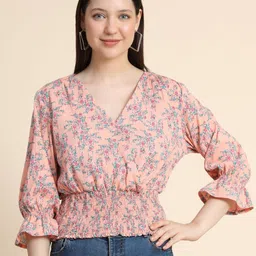 BAESD Floral Print Puff Sleeves Smocked Cinched Waist Top-5