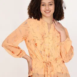 FUTURO Floral Print Mandarin Collar Puff Sleeve Cinched Waist Top-image-49