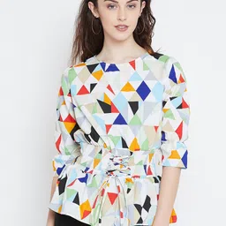 Ruhaans White Geometric Crepe Cinched Waist Top-image-6