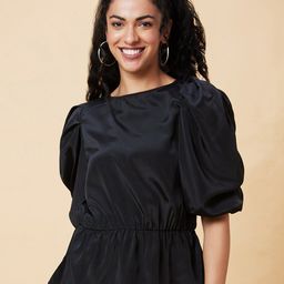 Globus Black Puff Sleeve Gathered Cinched Waist Top-image-27
