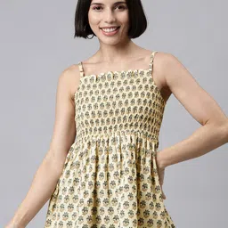MALHAAR Beige & Grey Floral Print Smocked Cinched Waist Top-0
