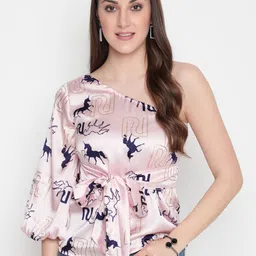 AKIMIA Pink & Blue Conversational Printed One-Shoulder Cinched Waist Top-image-53