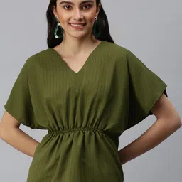 SHOWOFF Women Olive Green Extended Sleeves Crepe Cinched Waist Top-image-50