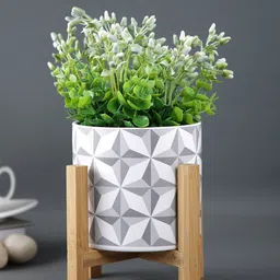 TAYHAA Grey & White Geometric Design Ceramic Planter With Wooden Stand-3